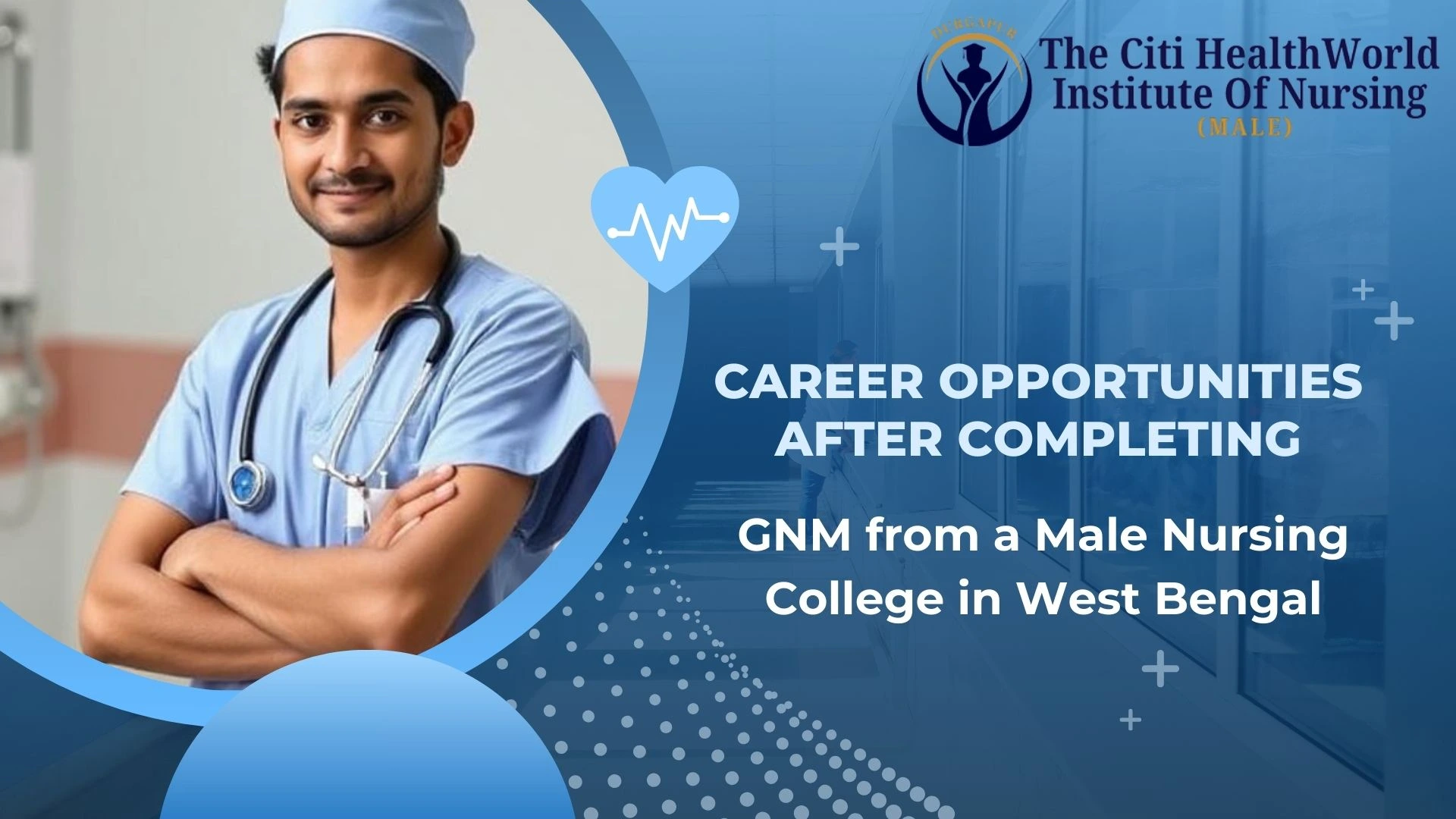 A male nurse standing confidently in a hospital corridor after completing training from a male nursing college in West Bengal